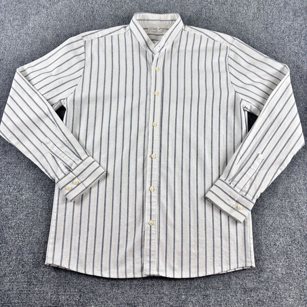 JESTER Mens 52 M L White Navy Stripe Band Collar Shirt Long Sleeve Korea FLAWED
